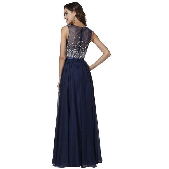 Women's Formal SHEER Embroidery Rhinestones beaded Long Evening Gown prom dress - Picture 3 of 4